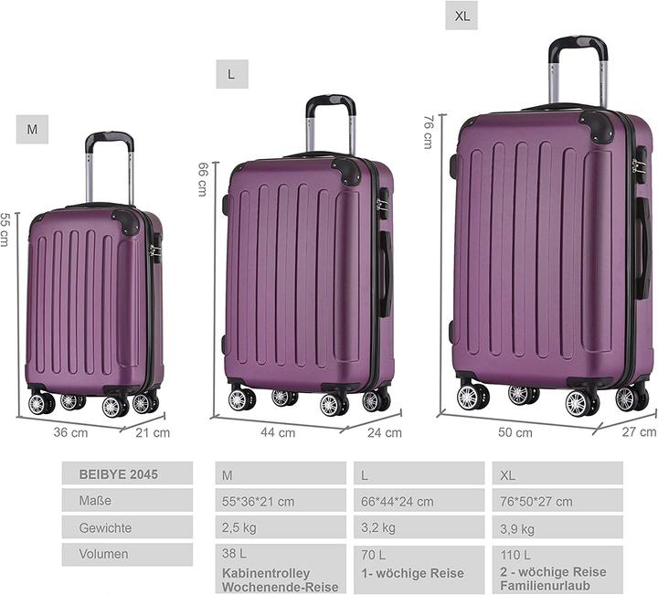 Immagine prodotto Beibye Set di valigie 2045, 3 pezzi, Viola (110 l)