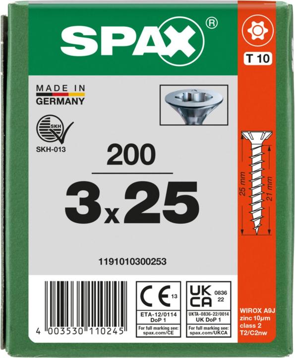 Produktbild Spax Senkkopf Bremsrippen T-Star Plus T10 Vollgewinde Wirox (200 Schrauben pro Stück, 3 x 25 mm)
