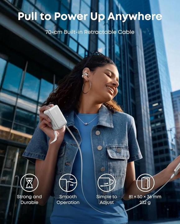 Immagine prodotto Anker Nano Power Bank 10K, 45W White Built-In Retractable USB-C Cable (10000 mAh, 45 W, 36.30 Wh)