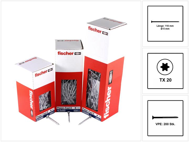 Produktbild Fischer Power-Fast II FPF II Spanplattenschraube 5,0x110 mm 200 Stück ( 670367 ) Senkkopf mit Torx T (1 Schrauben pro Stück)
