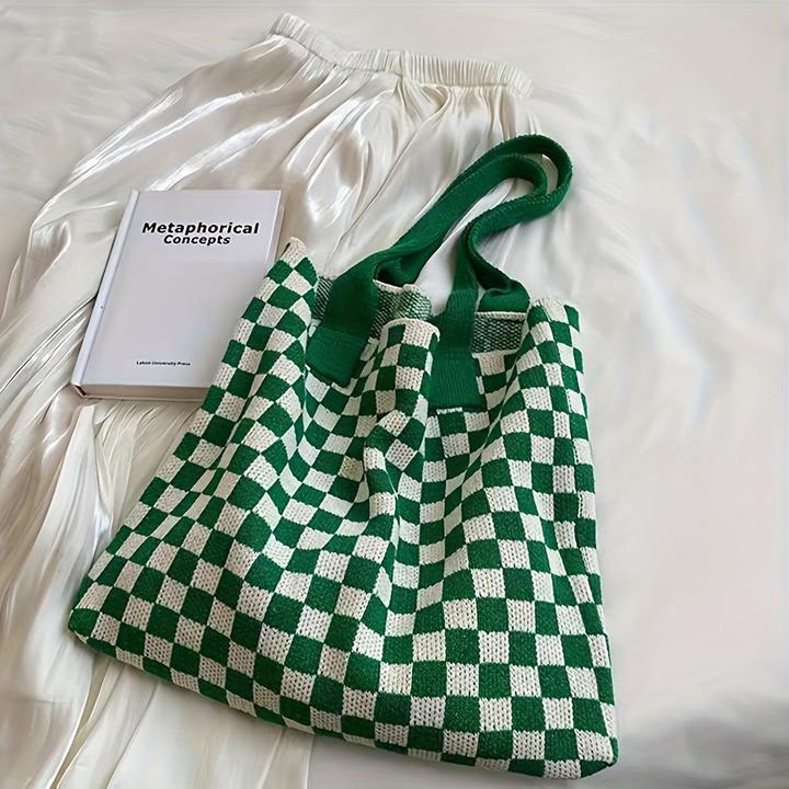 Actual product image Only-Bags.Store Plaid Knitted Shoulder Bag, Trendy Plaid Pattern Tote Bag, Large Capacity Handbag for