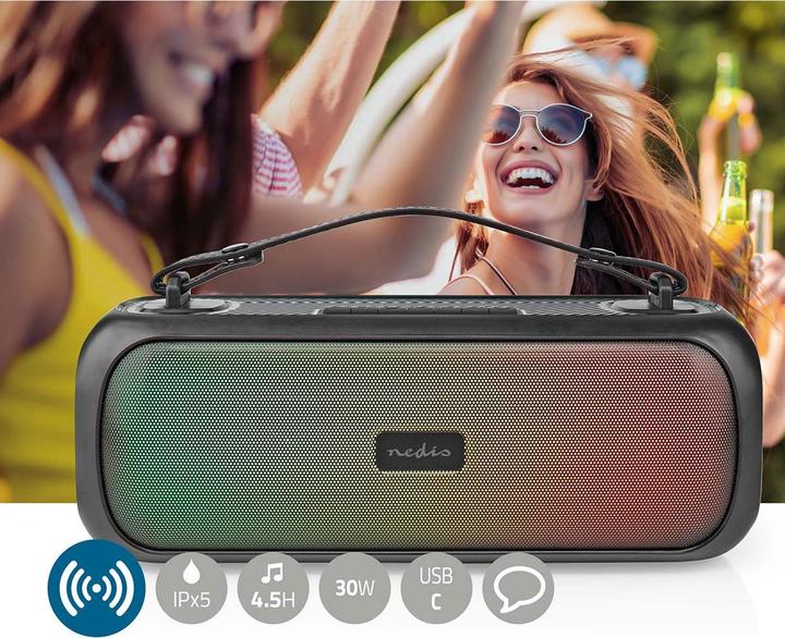 Actual product image Nedis Bluetooth® Party Boombox 4.5 hrs 2.0 30 W Media playback: AUX/USB IPX5 connectable Carrying handle (4.50 h)