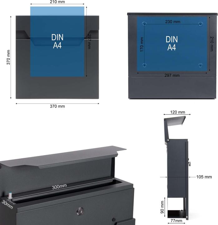 Produktbild XPOtool Briefkasten V61 Anthrazit 370x105x370mm Soft Close Zeitungsfach Stahl
