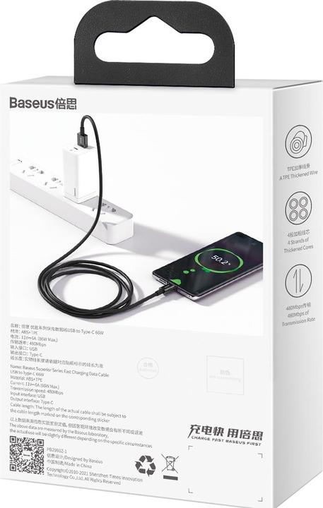 Actual product image Baseus USB type A - USB type C (1 m, USB 2.0, 66 W)