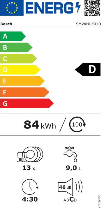 Label énergétique Bosch Hausgeräte Bosch Série 4, Lave-vaisselle entièrement intégré, 60 cm, SMV4HUX01D