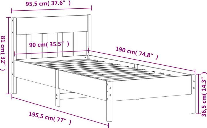 Actual product image vidaXL Bett mit Kopfteil Kiefer (90 x 190 cm)