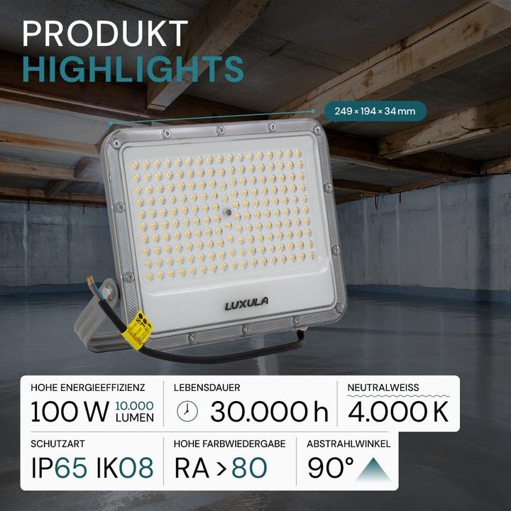 Produktbild Luxula LED-Fluter, EEK: E, 100W, 12000lm, 4000K, IP65, grau (12000 lm, IP65)