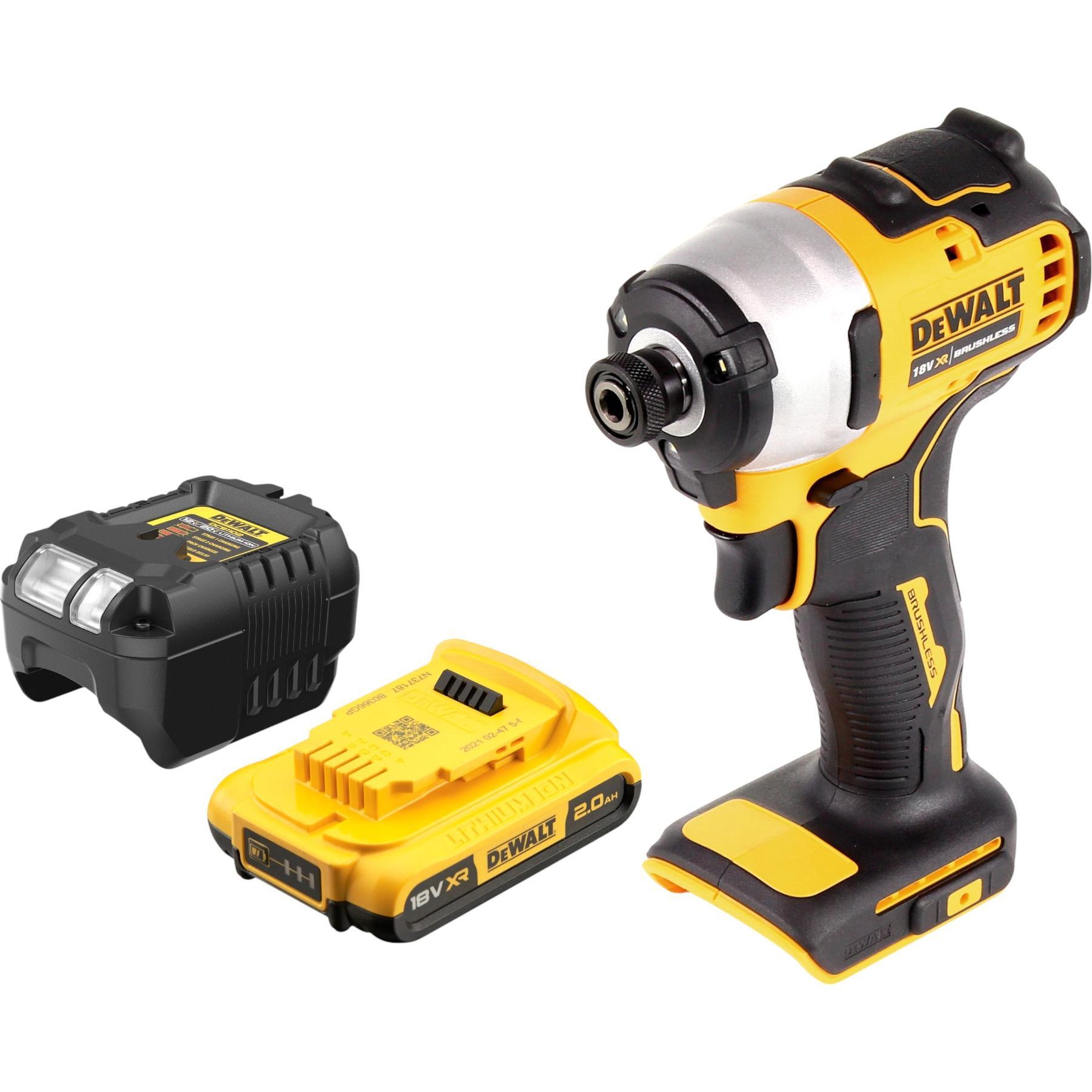 DeWalt, Bohrmaschine + Akkuschrauber, DCF 809 D1 Akku Schlagschrauber 18 V 190 Nm 1/4" Brushless + 1x Akku 2,0 Ah + Lade...