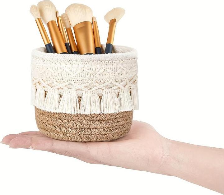 Produktbild Alopini 1pc Handmade Boho Chic Makeup Brush Holder - Wicker Cosmetic Storage Basket with Brushes