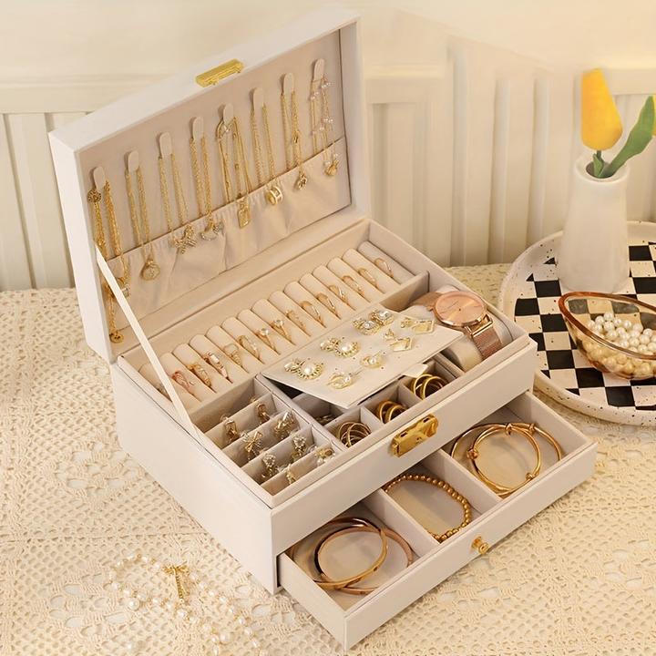 Only-Bags.Store Leder-Schmuck-Organizer: Zweischichtiger Schmuckkasten mit herausnehmbaren Fächern für Halsketten