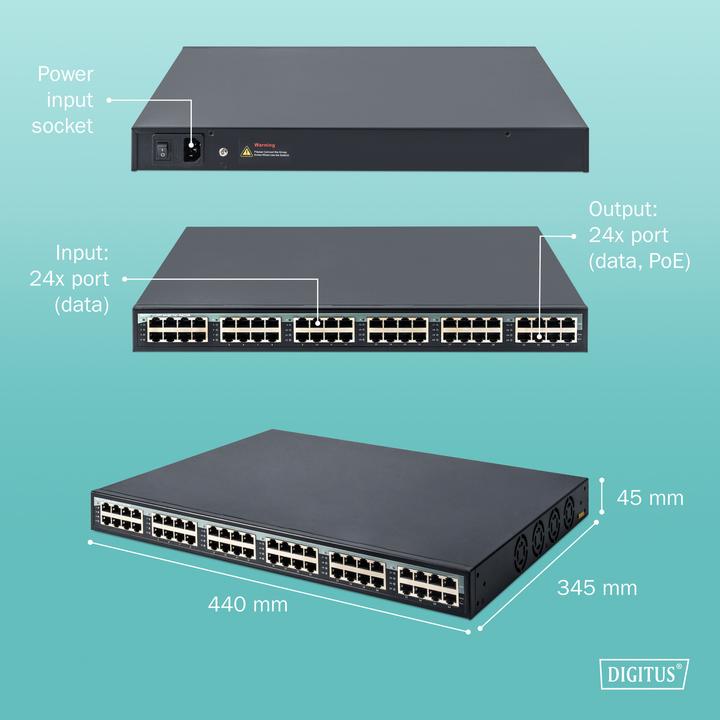 Actual product image Digitus 24 port gigabit PoE+ injector (802.3at (PoE+), 370 W)