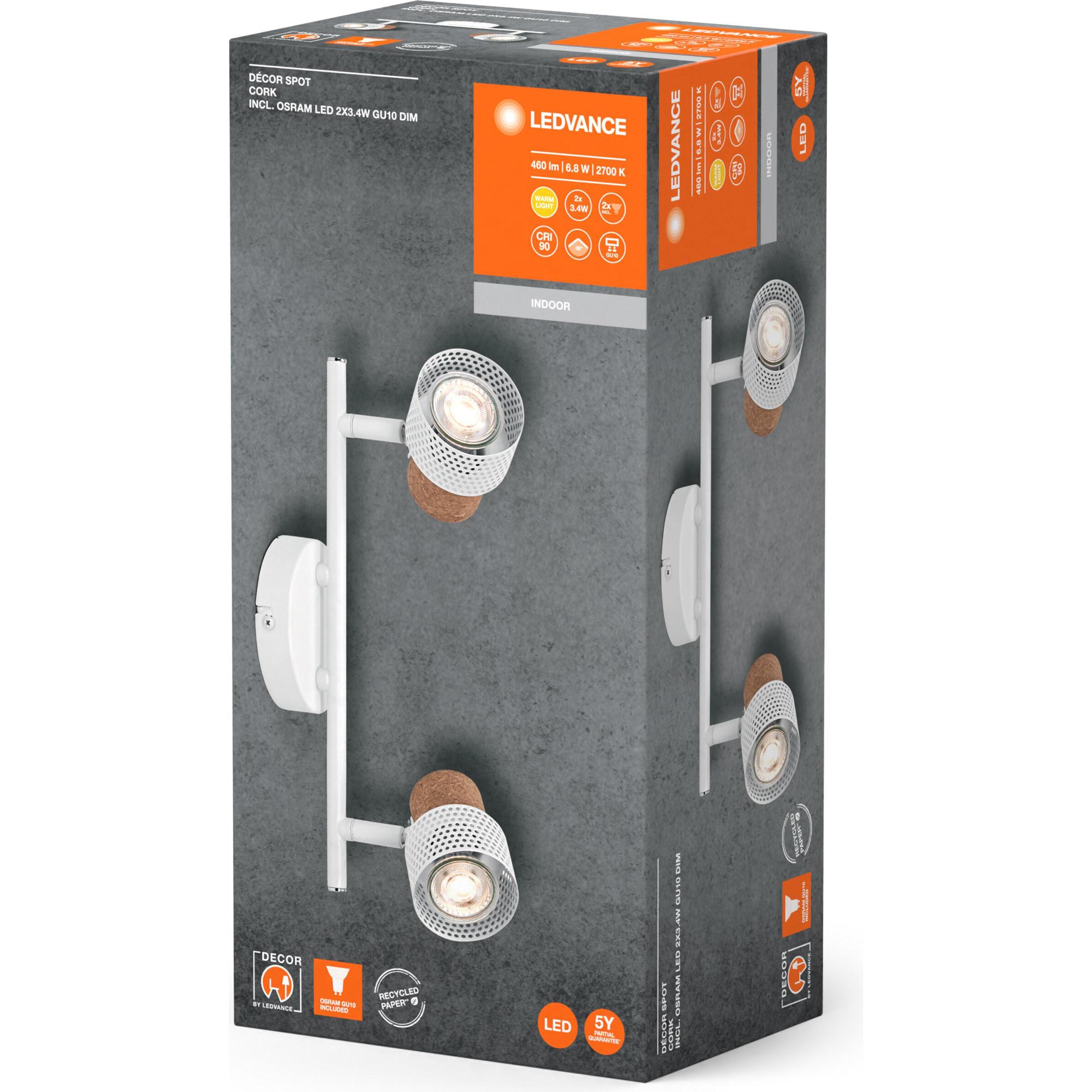 Thumbnail - Ledvance, Wandleuchte + Deckenleuchte, DECOR SPOT CORK WHITE 2x3.4W 927 DIM (460 lm, GU10)