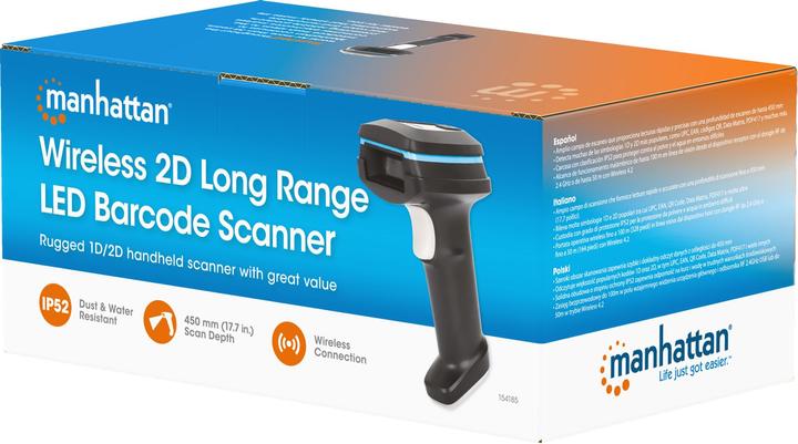Produktbild Manhattan Kabelloser 2D Long Range LED-Barcodescanner (2D-Barcodes, 1D-Barcodes, QR-Code)