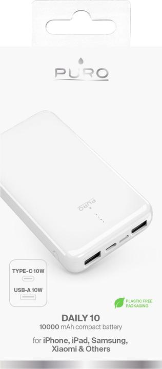 Actual product image Puro Baltas Fast Charger 10000 mAh 2 x USB-A + 1 x USB-C balta (10000 mAh, 10 W, 37 Wh)
