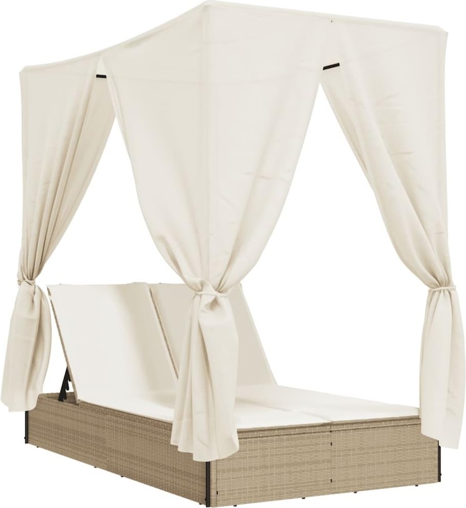 Image du produit VidaXL Chaise longue double Chaise longue de jardin avec toit Rideaux Beige Poly Rattan (114 cm)