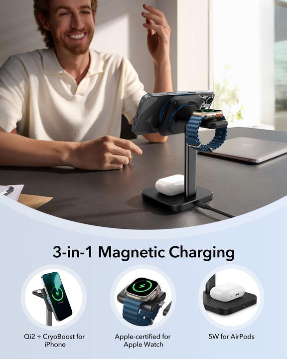 Produktbild ESR Wireless 3-in-1 charging station (HaloLock) Qi2 with CryoBoost (15 W)