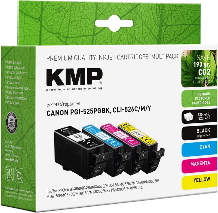 Actual product image KMP schwarz, cyan, magenta, gelb Druckerpatronen kompatibel zu Canon PGI525PGBK, CLI526C/M/Y, 4er-Se (C, M, PGBK, Y)