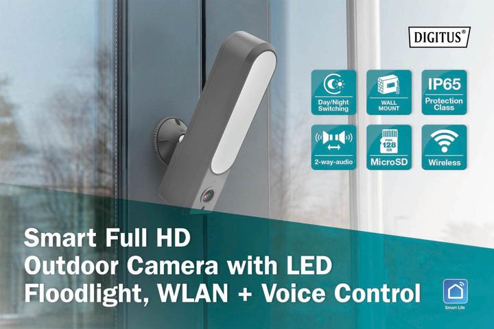 Produktbild Digitus Smarte Full HD-Aussenkamera mit LED-Flutlicht, WLAN + Sprachsteuerung (1920 x 1080 Pixels)