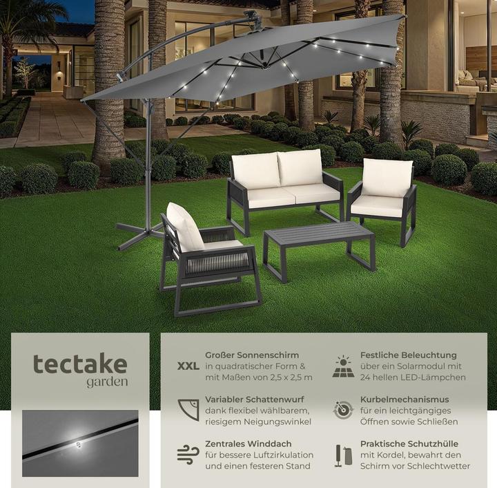 Produktbild tectake Sonnenschirm Sunna LED-Solar mit Kurbel 2,5 x 2,5 m (2.50 m)