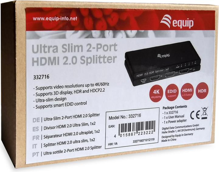 Image du produit equip HDMI Splitter 2.0 2 ports Ultra Slim 4K/60Hz noir
