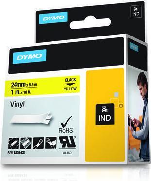 Actual product image Dymo Rhino 24mm black on yellow vinyl (2.40 cm, Yellow)