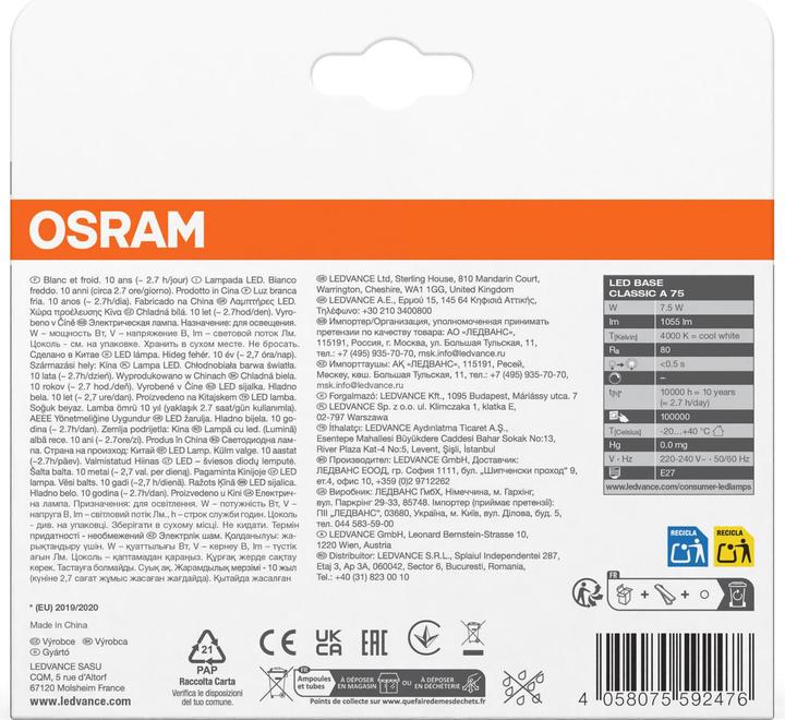 Actual product image Osram Led Base Classic A (E27, 7.50 W, 1055 lm, 3 x, D)
