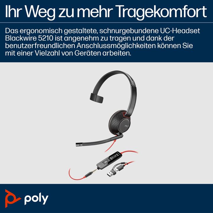 Produktbild HP Poly Blackwire 5210 + 3,5-mm-Stecker + USB-C/A-Adapter (Kabelgebunden, USB-C, Microsoft Teams)
