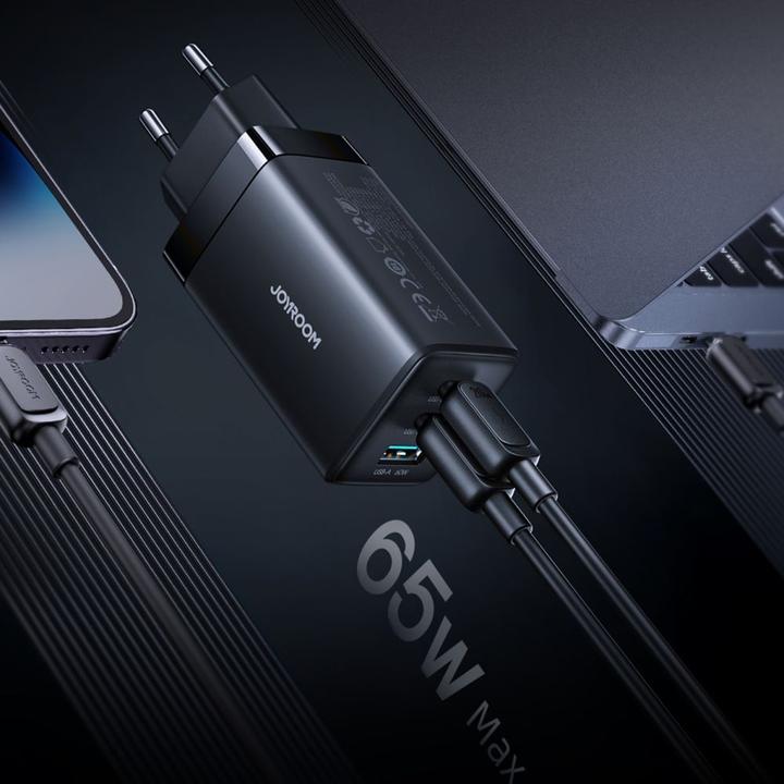 Produktbild Joyroom JR-TG10 65W GaN Charger - Black (EU) + A14 C to C 100W 1.2m - Black (65 W, 3 Ports)