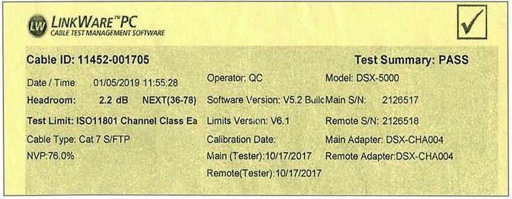 Actual product image Good Connections RNS® patch cable Cat.6A, with measuring protocol + serial no., S/FTP, PiMF, halogen-free (LSZH) (S/FTP, CAT6a, 2 m)