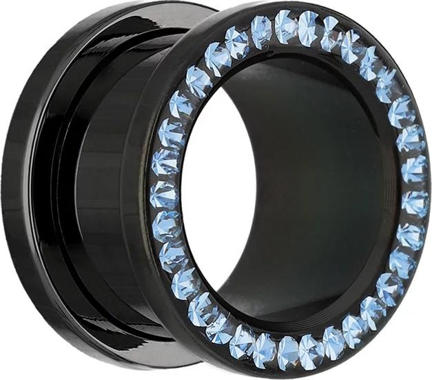 Produktbild Star Piercing Flesh Tunnel schwarz mit Kristall hellblau und Epoxy Schutzschicht (ohne Messing, Chirurgenstahl 316L)