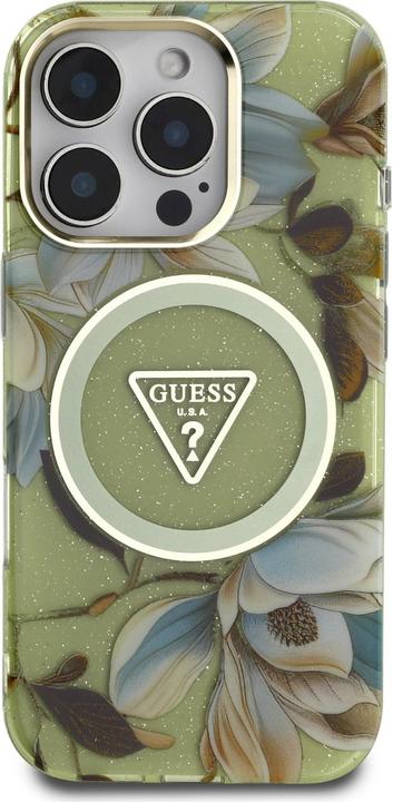 Produktbild Guess - IML Metal Glitter Flowers Triangle MagSafe (GUHMP16XHFLPEDN) - iPhone 16 Pro Max - Green (Apple iPhone 16 Pro Max)
