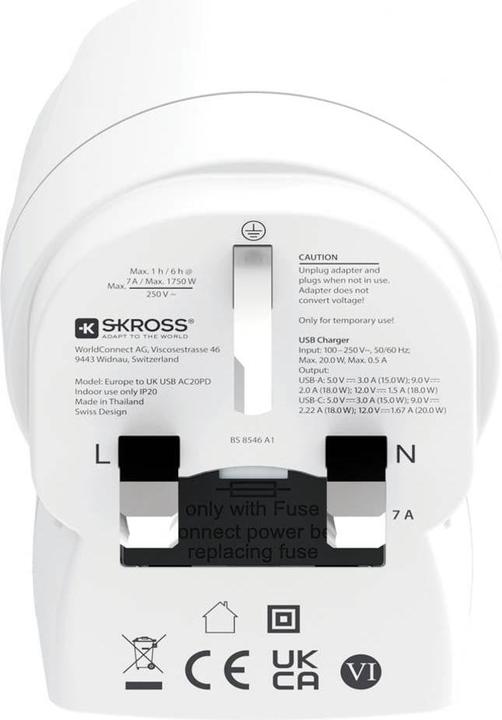 Actual product image Skross Länderstecker Europe to UK USB AC20PD weiss
