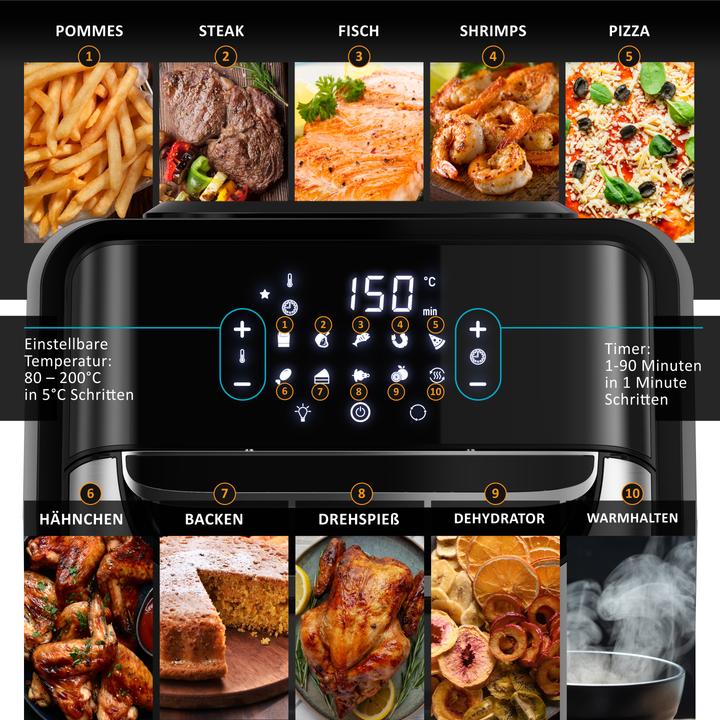 Produktbild Arendo Heissluftfritteuse mit Zubehör, Airfryer 12 L, 3in1 Edelstahl Heissluftfritteuse XXL, 1800 W