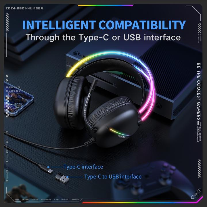 Actual product image PhoneLook ONIKUMA Gaming-Headset mit RGB-LED USB-C und HD-Mikrofon für PC und PS (Cable, Wireless)