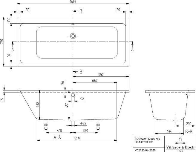Produktbild Villeroy & Boch Rechteckbadewanne Subway 75 x 170 cm alpinwei glatt UBA170SUB2V-01 (160 l, 170 cm, 75 cm)