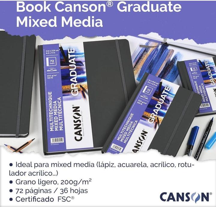 Image du produit Canson GRADUATE Cahier de croquis Mixed Media, 216 x 279 mm noir, 36 feuilles, papier blanc 200 g/m² (A4, Blanc, Couverture rigide)