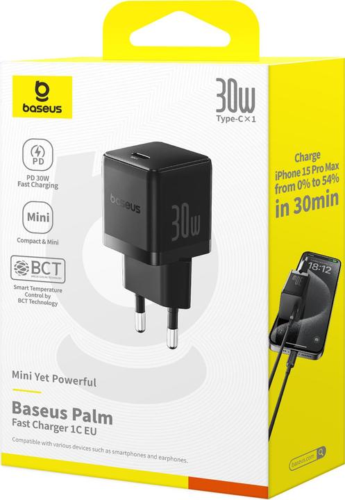 Productafbeelding Baseus - Wandoplader Palm (P10111605113-00) - Snelle oplader, Type-C, PD 30W, 5V/3A - Cluster Zwart (30 W, 1 portie)
