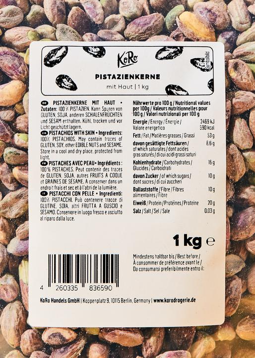 Nährwerte und Zutaten KoRo Pistazienkerne mit Haut (1000 g)