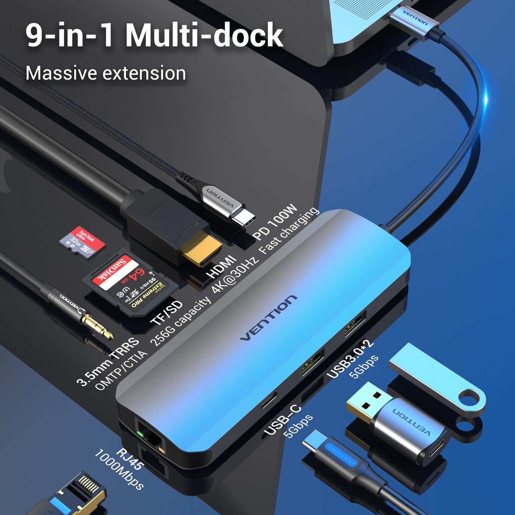 Thumbnail - Vention Tomhb (USB-C, 9 Ports), Dockingstation + USB Hub, Silber