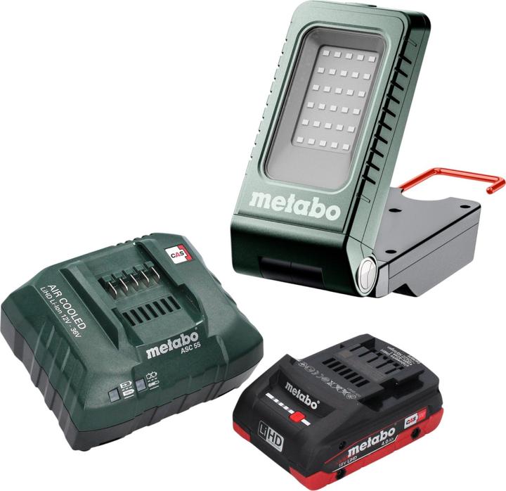 1x Metabo BSA 18-1000 Akku Baustrahler, 1x Metabo LiHD Akkupack 18V 4,0 Ah Li-Ion Akku, 1x Metabo ASC 55 Ladegerät