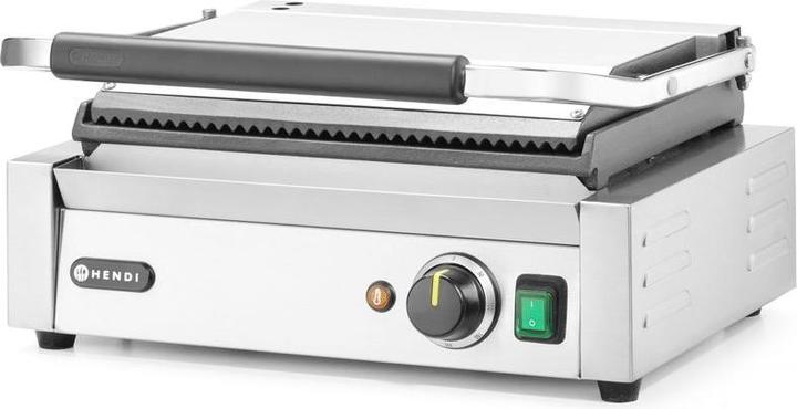 Actual product image Hendi Panini grill, top grooved, bottom smooth
