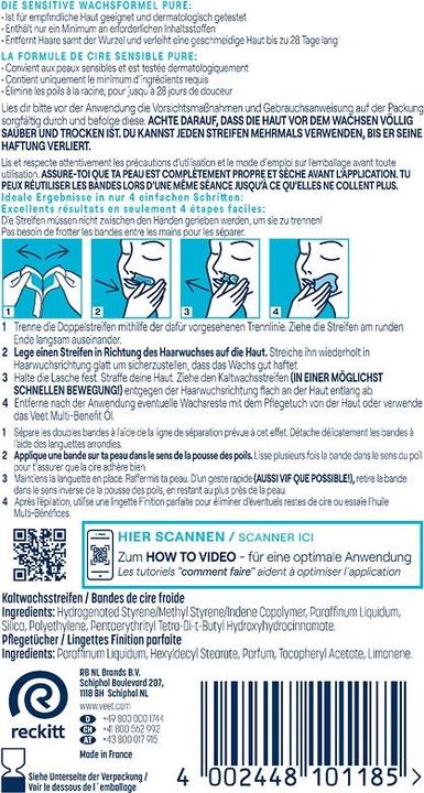 Produktbild Veet Kaltwachsstreifen sensible Haut Pure für Beine & Körper (451.25 ml, 20 x, 76 g)