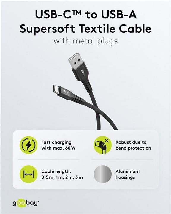 Image du produit Goobay Câble USB-C Supersoft en textile avec connecteurs métalliques, 2 m, noir (2 m, USB 2.0, 60 W)