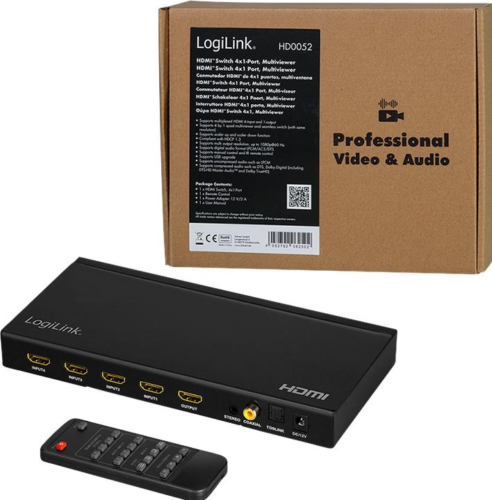Actual product image LogiLink HDMI Switch 4x1-Port, Multiviewer, 1080p/60 Hz, Scaler, Seamless, RC
