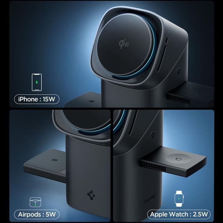 Productafbeelding Spigen Ładowarka indukcyjna Essential EF223MS 3w1 Qi2 obrotowa MagSafe czarny (15 W)