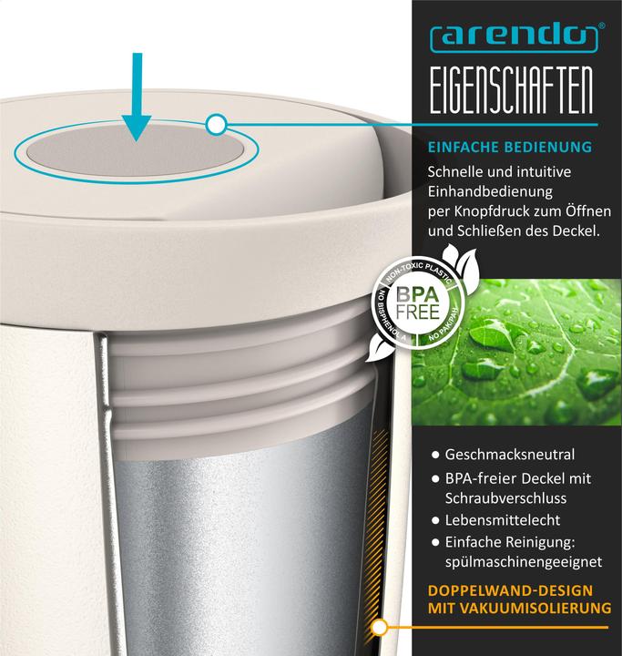Produktbild Arendo Thermobecher 350 ml, Thermal Mug, Kaffee to go Becher mit Deckel aus Edelstahl 0,3 L, Edelstahl (0.35 l)