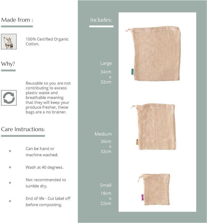 Immagine prodotto Wild & Stone Sacchetti in rete per frutta e verdura in cotone biologico, riutilizzabili, set da 3