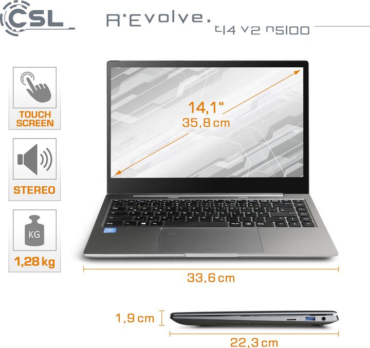 Actual product image CSL Notebook R'Evolve T14 v2 4 GB 250 GB Windows 11 Home (14", Intel Celeron N5100, 4 GB, 250 GB, DE)
