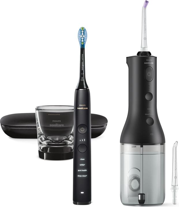 1x ugello standard F1, 1 caricatore da parete USB, 1x DiamondClean 9000, 1 cavo di ricarica USB, 1x custodia da viaggio USB, 1 filo interdentale senza fili, 1x testina C3, 1x vetro di ricarica, 1x ugello F3 Quad Stream