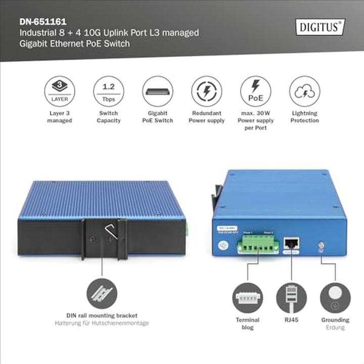 Actual product image Digitus Industrial 8 + 4 10G Uplink Port L3 managed Gigabit Ethernet PoE Switch (12 Ports)